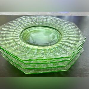 4 Vintage, Block Optic, Vaseline, Uranium 8” salad/dessert plates 8”. Emerald